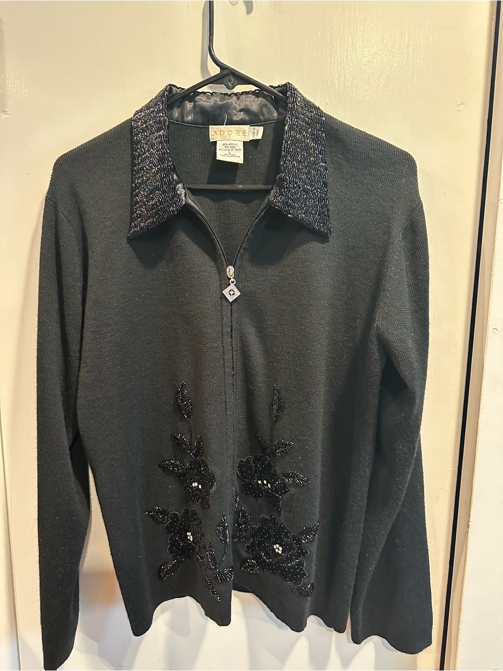 Adore Black Beaded V-Neck Zip Front Sweater